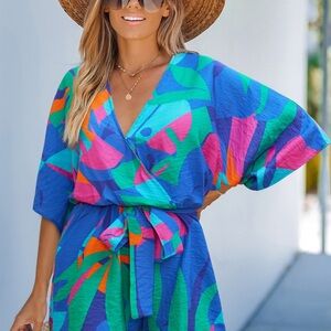 Cupshe Blue and Green romper with Kimono Sleeves